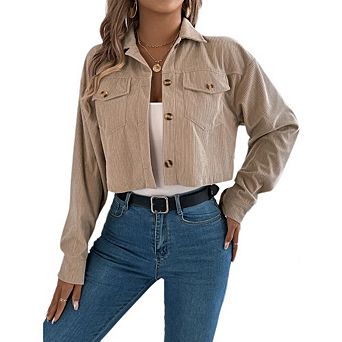 Womens Corduroy Jacket boyfriend Cropped Button Down Shacket Long Sleeve Outerwear with Flap Pockets