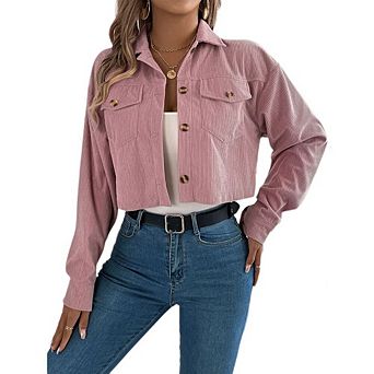 Womens Corduroy Jacket boyfriend Cropped Button Down Shacket Long Sleeve Outerwear with Flap Pockets