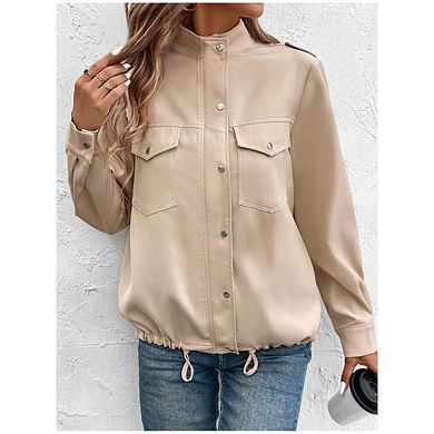 Women Casual Stand Neck Long Sleeve Button Zipper Jacket With Front Pockets