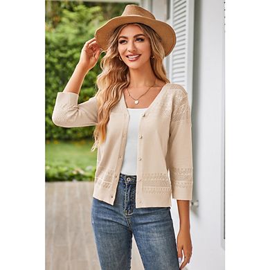 Women's Cropped Cardigan 3/4 Sleeve Lightweight Crochet Shrug Hollowed-Out Knit Sweater Tops