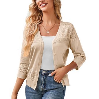 Women's Cropped Cardigan 3/4 Sleeve Lightweight Crochet Shrug Hollowed-Out Knit Sweater Tops