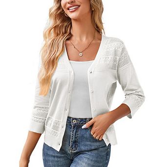Women's Cropped Cardigan 3/4 Sleeve Lightweight Crochet Shrug Hollowed-Out Knit Sweater Tops