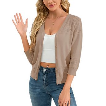 Women's Cropped Cardigan 3/4 Sleeve Lightweight Crochet Shrug Hollowed-Out Knit Sweater Tops