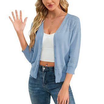 Women's Cropped Cardigan 3/4 Sleeve Lightweight Crochet Shrug Hollowed-Out Knit Sweater Tops