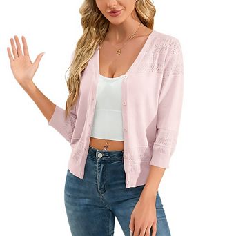 Women's Cropped Cardigan 3/4 Sleeve Lightweight Crochet Shrug Hollowed-Out Knit Sweater Tops