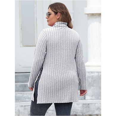 Women Plus Size Striped High Neck Long Sleeve Slit Slim-Fit Midi Tops