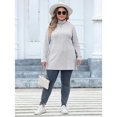 Women Plus Size Striped High Neck Long Sleeve Slit Slim-Fit Midi Tops