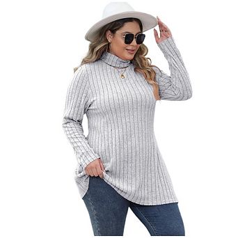 Women Plus Size Striped High Neck Long Sleeve Slit Slim-Fit Midi Tops
