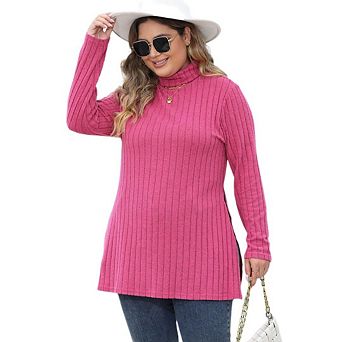 Women Plus Size Striped High Neck Long Sleeve Slit Slim-Fit Midi Tops