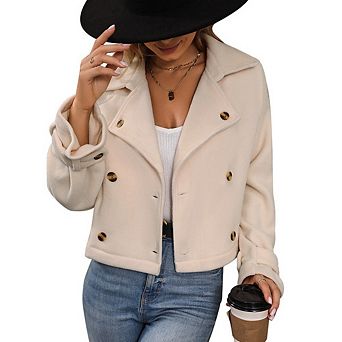 Women Cropped Trench Coat Long Sleeve Double Breasted Notched Lapel Casual Loose Fit Jackets