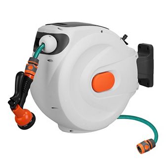 Retractable Garden Hose Reel Wall Mounted with Lock, 8 Spray Modes & 180° Swivel Bracket