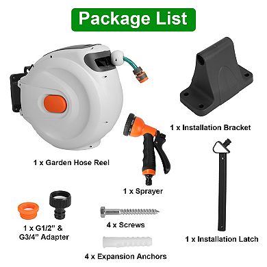 Retractable Garden Hose Reel Wall Mounted with Lock, 8 Spray Modes & 180° Swivel Bracket