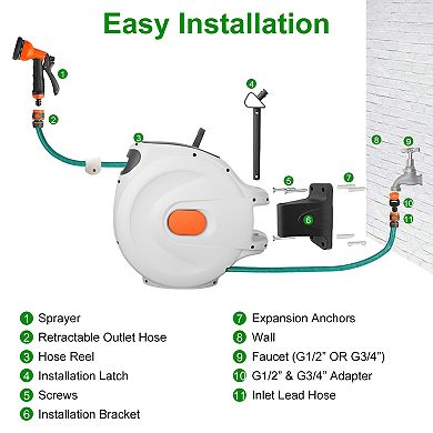 Retractable Garden Hose Reel Wall Mounted with Lock, 8 Spray Modes & 180° Swivel Bracket