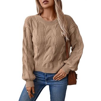 Womens Sweaters Fall Cable Knit Long Sleeve Crewneck Sweater Chunky Pullover Casual Loose Tops