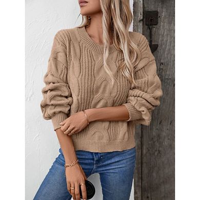 Womens Sweaters Fall Cable Knit Long Sleeve Crewneck Sweater Chunky Pullover Casual Loose Tops