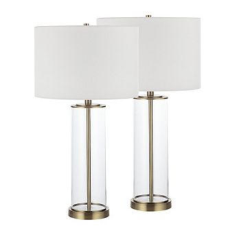 Renwil Saco 28 Tall Satin Brass Glass Table Lamp With Drum Linen Shade (Set Of 2)