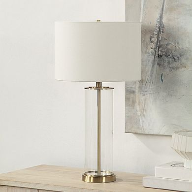 Renwil Saco 28 Tall Satin Brass Glass Table Lamp With Drum Linen Shade (Set Of 2)