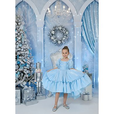 Girl's Petticoat High-Low Ruffled Puff Sleeve Shimmer Party Dress
