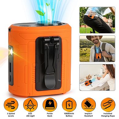 5-in-1 Waist Clip Fan Portable Turbo Fan with 5 Speeds, Flashlight & 10000mAh Battery