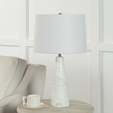 Renwil 25 Tall Plated Antique Brushed Brass Iron Table Lamp With Tapered Linen Shade