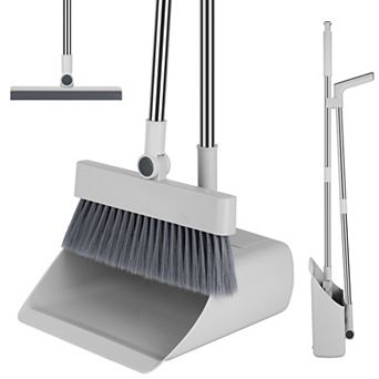 4-in-1 Broom & Dustpan Set with Squeegee, Stainless Steel Handle, Upright for Indoor & Outdoor