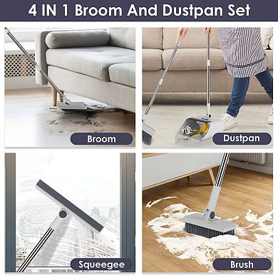 4-in-1 Broom & Dustpan Set with Squeegee, Stainless Steel Handle, Upright for Indoor & Outdoor