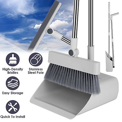 4-in-1 Broom & Dustpan Set with Squeegee, Stainless Steel Handle, Upright for Indoor & Outdoor