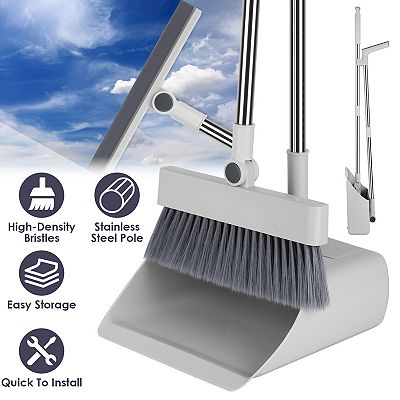 4-in-1 Broom & Dustpan Set with Squeegee, Stainless Steel Handle