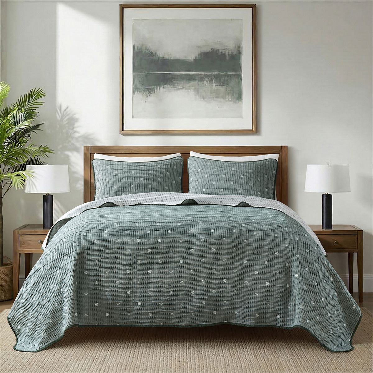 510 Design Farrah Lightweight Woven Reversible Quilt Set with Shams - Green Floral, FULL/QUEEN