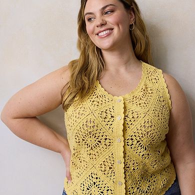 Plus Size LC Lauren Conrad Crochet Button-Front Vest