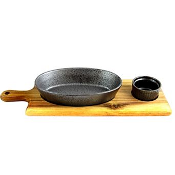 3 pc Reactive Fine Ceramic Bowl Set with Acacia Wood Tray in Gray