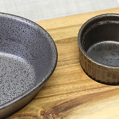 3-Piece Reactive Fine Ceramic Bowl Set with Acacia Wood Tray in Gray