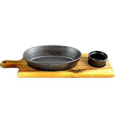 3-Piece Reactive Fine Ceramic Bowl Set with Acacia Wood Tray in Gray