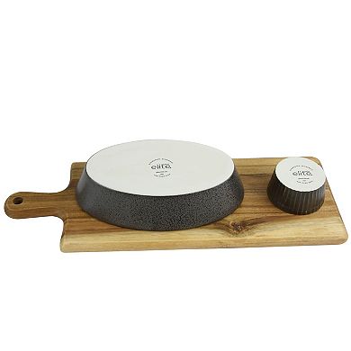 3-Piece Reactive Fine Ceramic Bowl Set with Acacia Wood Tray in Gray