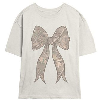 Juniors' Tree Camo Print Bow Graphic Tee