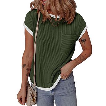 Women's Short Sleeve T Shirts Crewneck Color Block Ribbed Knit Tee Blouses Summer Tops