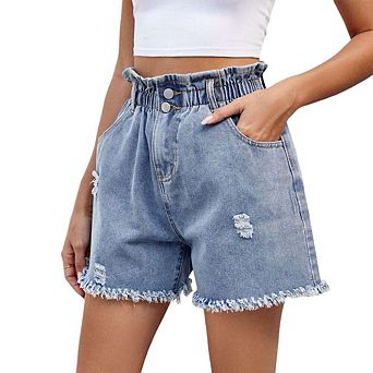 Women's Casual Baggy Denim Shorts Elastic Mid Rise Frayed Raw Hem Loose Fit Jeans Short Pants