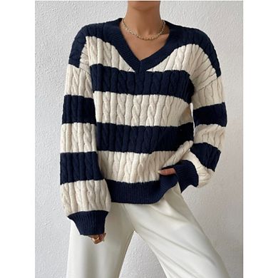Womens Fall Long Sleeve Striped Color Block Comfy Loose Crew Neck Cable Knitted Pullover Sweater