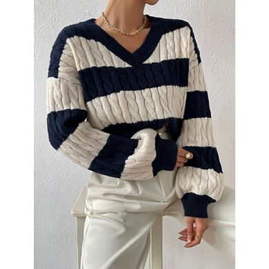 Womens Fall Long Sleeve Striped Color Block Comfy Loose Crew Neck Cable Knitted Pullover Sweater