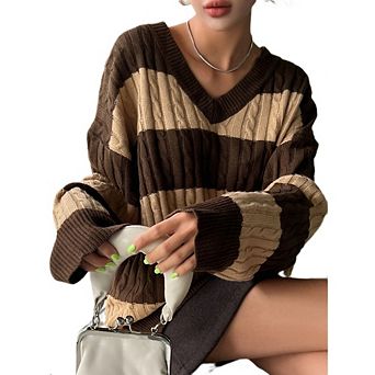 Womens Fall Long Sleeve Striped Color Block Comfy Loose Crew Neck Cable Knitted Pullover Sweater