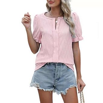 Womens Casual Summer Tops V Neck Short Puff Sleeve Pleated Cotton T Shirts Loose Dressy Blouses