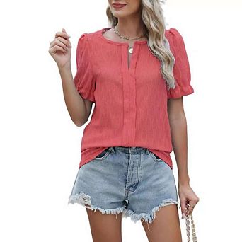 Womens Casual Summer Tops V Neck Short Puff Sleeve Pleated Cotton T Shirts Loose Dressy Blouses