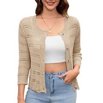 Womens 3/4 sleeve Cardigan Shrugs Crewneck Basic Casual Button Down Knit Hollow Out Crochet Sweater