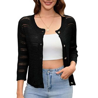 Womens 3/4 sleeve Cardigan Shrugs Crewneck Basic Casual Button Down Knit Hollow Out Crochet Sweater