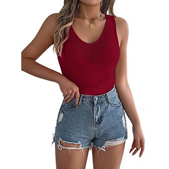Womens Casual Slim Fit V Neck Ribbed Knit Tanks Tops Sleeveless T Shirts Blouses