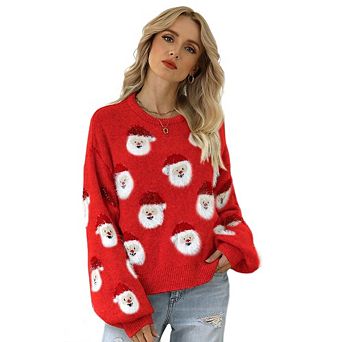 Women Ugly Christmas Sweater Fuzzy Santa Head Knit Sweater Casual Funny Santa Christmas Sweater