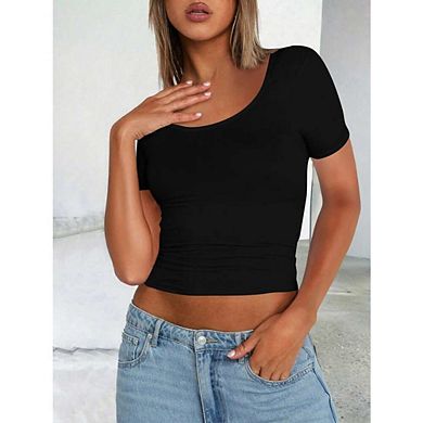 Women's Short Sleeve T-Shirts Low Scoop Neck Slim Fitted Ribbed Knit Casual Longer Crop Top