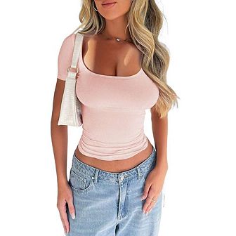 Women's Short Sleeve T-Shirts Low Scoop Neck Slim Fitted Ribbed Knit Casual Longer Crop Top