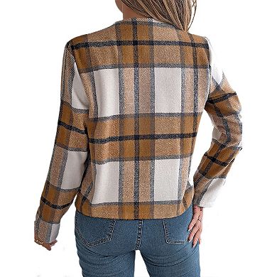 Women's Flannel Plaid Cropped Shacket Jacket Fashion Blazers Shirt Coat Tops