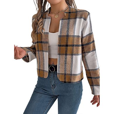 Women's Flannel Plaid Cropped Shacket Jacket Fashion Blazers Shirt Coat Tops